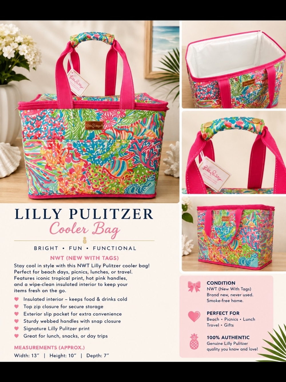 Lilly Pulitzer Insulated Cooler Bag - Lovwrs Coral Print. Water Resistant.